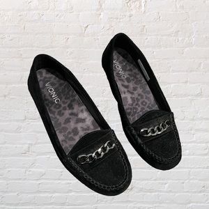 Vionic black suede Mesa loafers with gunmetal/muted silver chain accent